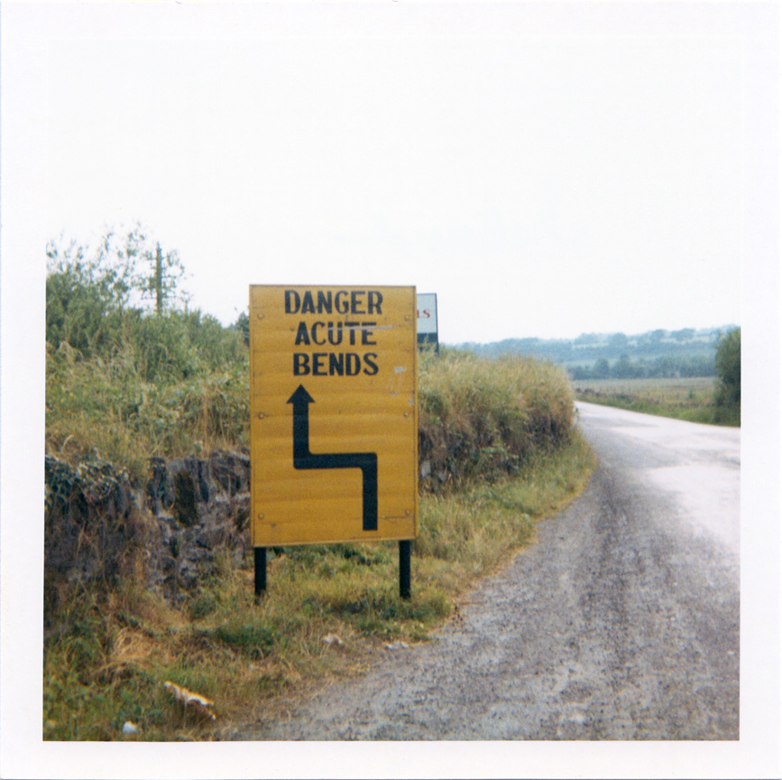 Road sign, Ireland, N7 Road, R445 Road, Danger Acute Bends, 1969