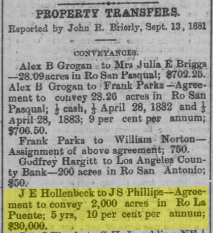 J E Hollenbeck to J S Phillips–Agreement to convey 2,000 acres in Ro La Puente; 5 yrs, 10 per cent per annum; $30,000